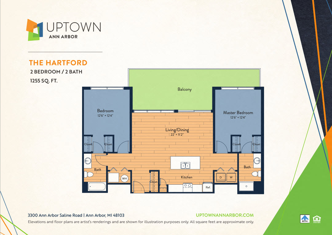 Floor plan for 2 beds, 2 baths, 1255 sqft